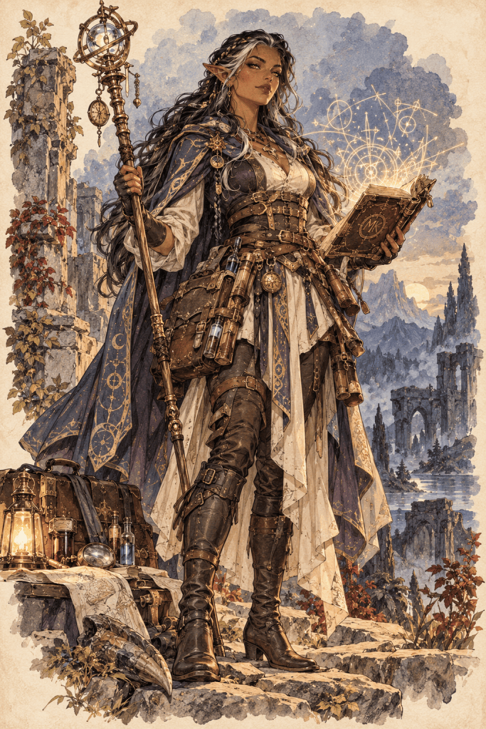Full-body portrait of Morvane Kaestra, a mature Luminari Sigilwright with a field journal, staff, specimen tools and pale-gold arcane sigils.