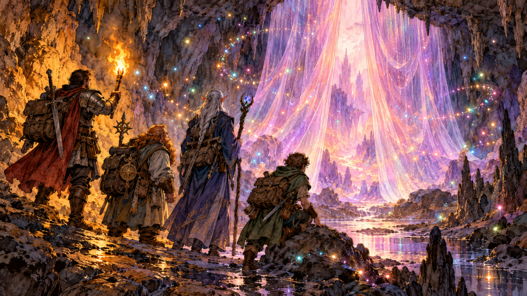 Four fantasy adventurers discover a shimmering rose and violet veil in a torchlit cave, surrounded by rainbow lights.