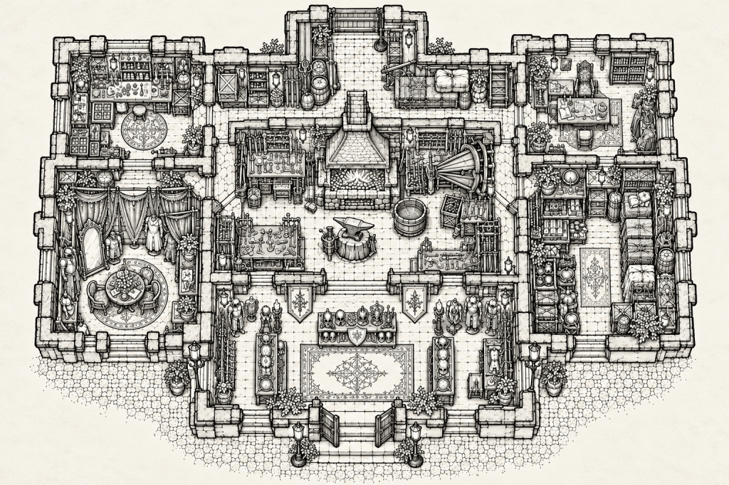 Black-and-white overhead map of Rock Hard Smithing.