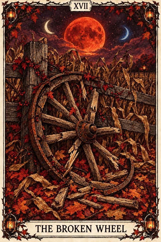 Broken wagon wheel under crimson moon
