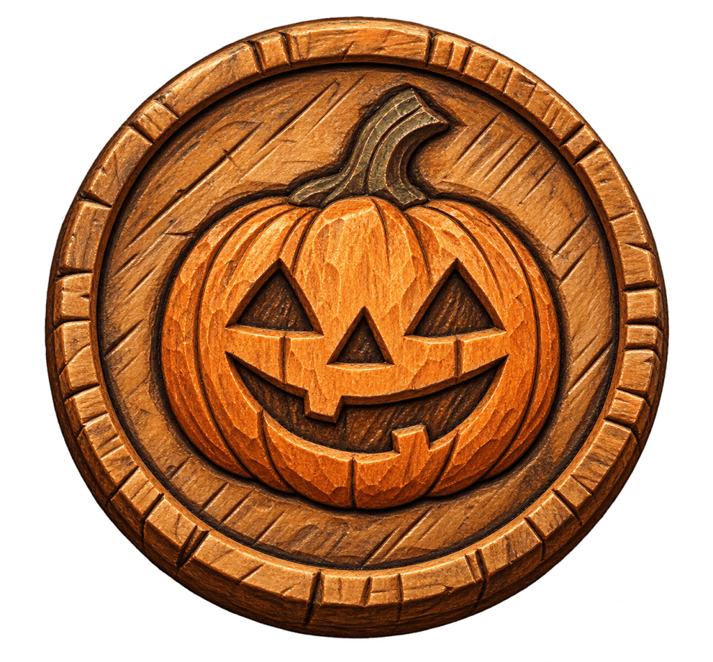 Carved wooden jack o lantern medallion