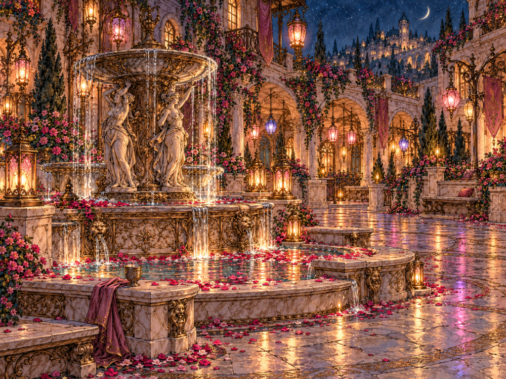 The Fountain of Shared Cups surrounded by rose petals, lanterns and the arcades of Lantern Courtyard.
