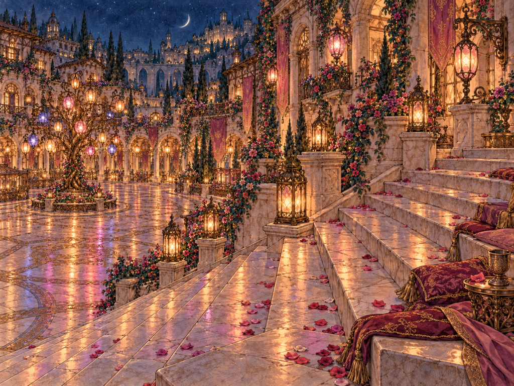 Broad Lantern Steps overlooking the illuminated paving and Lantern Tree of the courtyard.
