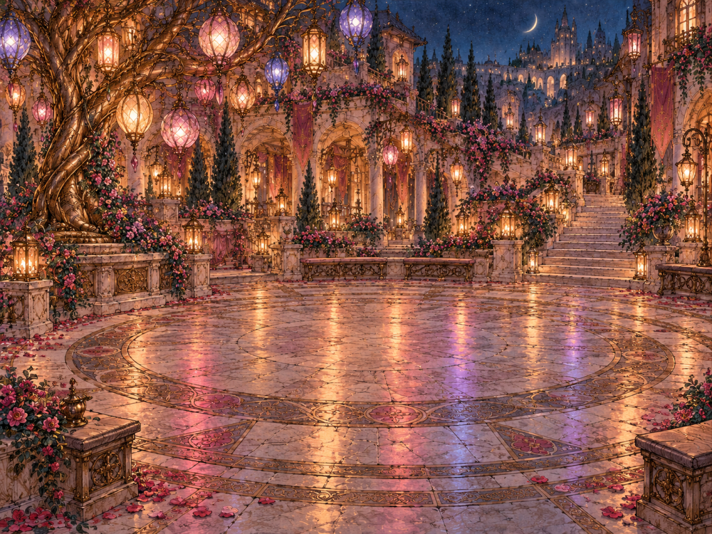 The Empty Circle, an open circular performance space beneath the colored lanterns of Lantern Courtyard.