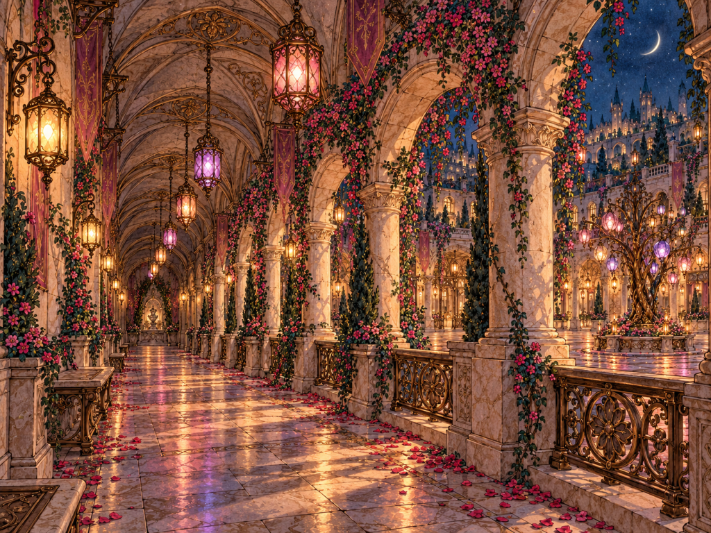 The Whispering Arcade, a lantern-lit covered walkway of repeating arches beside the courtyard.