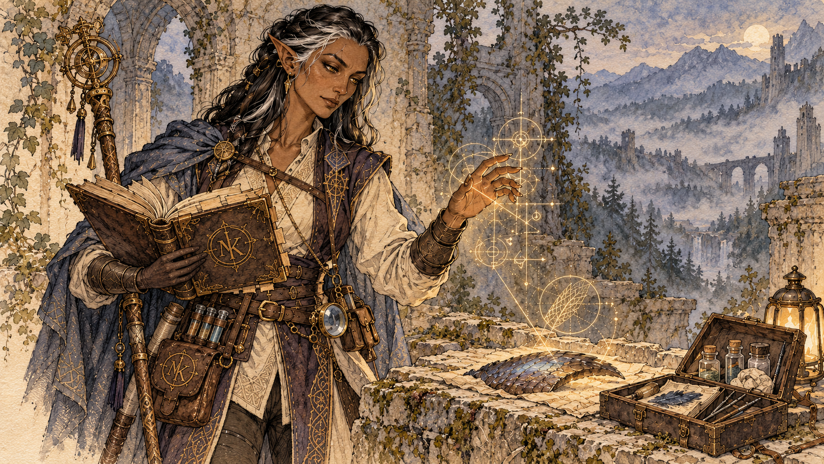 Morvane Kaestra, a mature Luminari Sigilwright and creature chronicler, studying magical evidence among misty ruins.