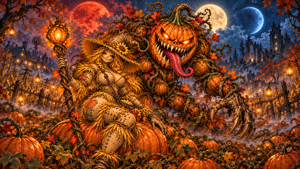 Autumn Vigil fantasy illustration of Maedra, the Straw-Stitched Bride, seated among pumpkins beside the towering Jack O’Rapture beneath Erosia's three moons.