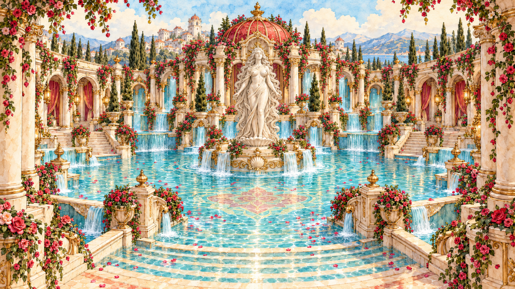 The Great Rose Pool at the Rosewater Bathhouse, a broad turquoise communal pool framed by rose-covered marble colonnades and the temple’s central sanctuary.