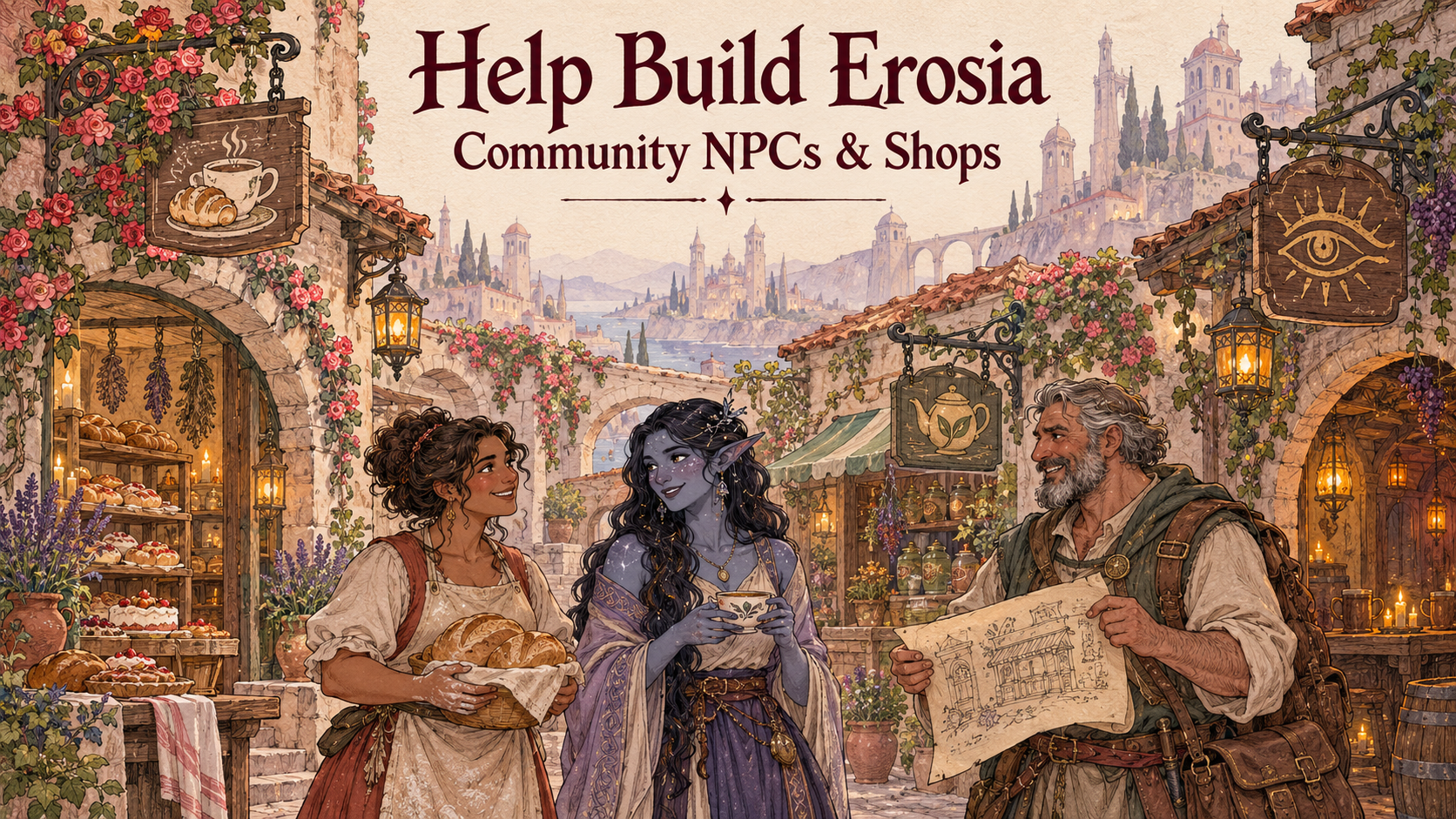 Help Build Erosia: three residents share bread, tea and a shop sketch on an Amarosa street.
