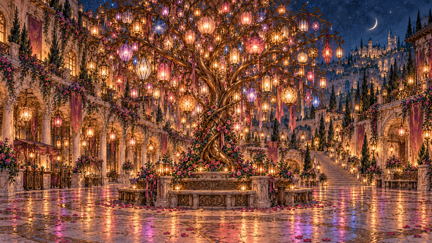 The Lantern Tree glowing with hundreds of colored glass lanterns above Lantern Courtyard at night.