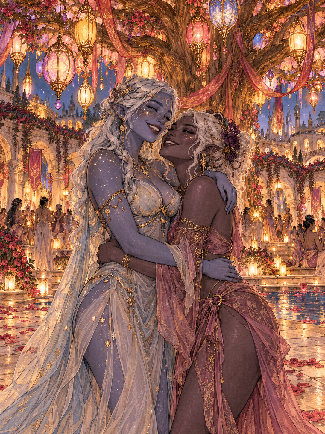 Two adult Erosian women embracing beneath the glowing Lantern Tree during a Roseglass celebration.