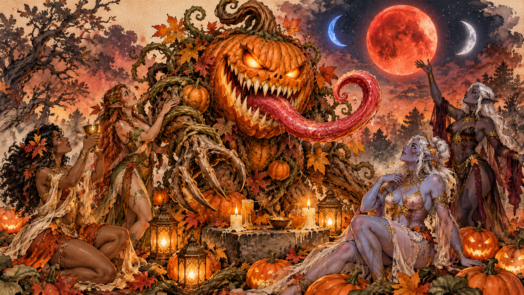 Moonlit autumn ritual scene introducing Jack O'Rapture, the pumpkin-headed cryptid