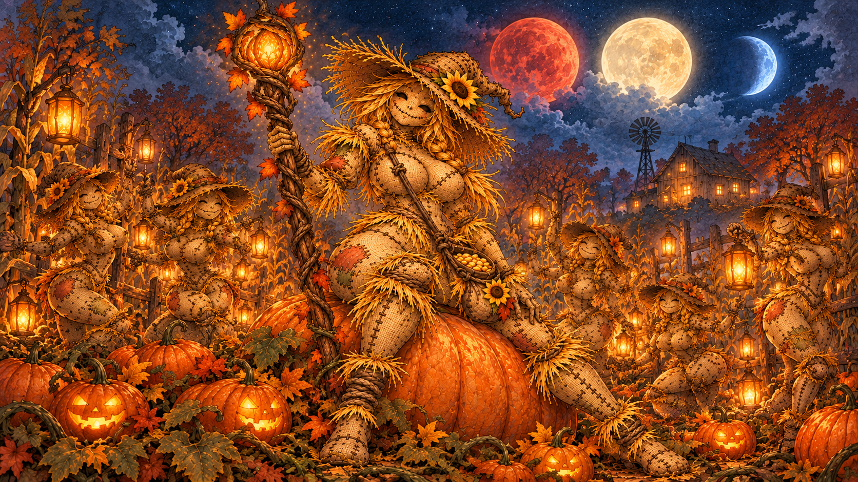 Moonlit autumn harvest scene introducing Maedra, the Straw-Stitched Bride