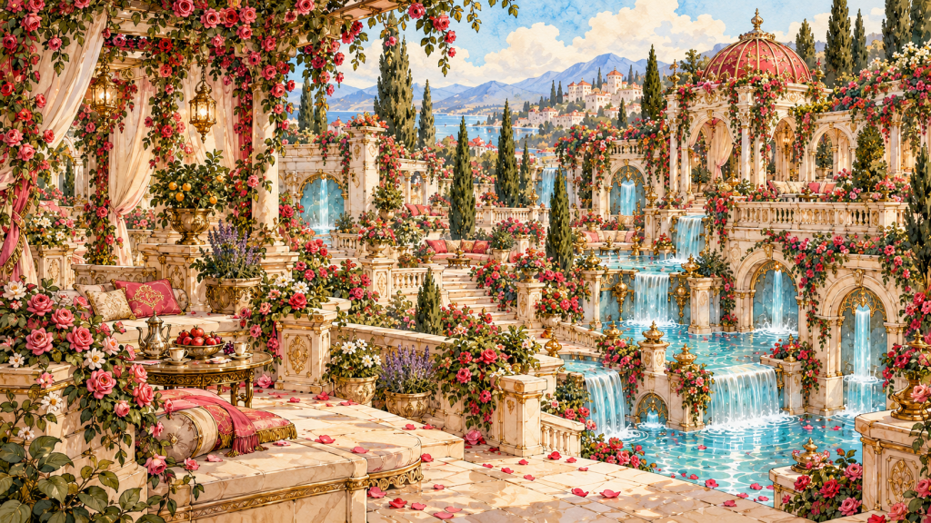 The Garden Terraces of the Rosewater Bathhouse, with rose-covered colonnades, shaded couches, flowering herbs, tea service and cascading water.