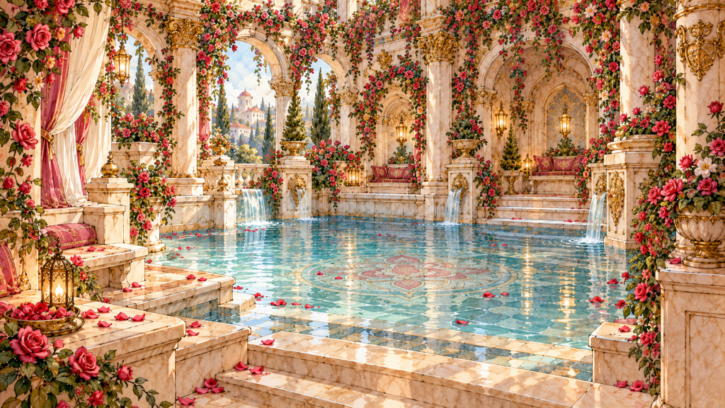 The Holding Basin, a quiet warm pool sheltered by pale marble arches, flowers and softly lit alcoves within the Rosewater Bathhouse.