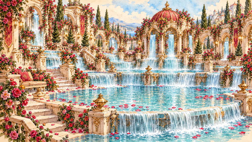 The Overflow Pools, broad terraced baths with low rims where turquoise water spills continuously into lower basins beneath rose-covered arches.
