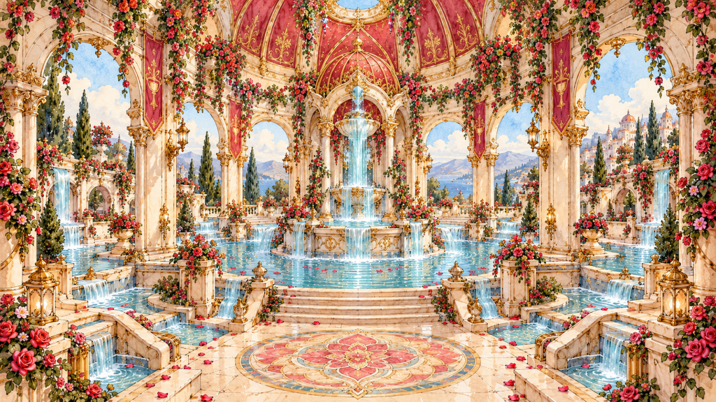 The Domed Pavilion of the Rosewater Bathhouse, an open marble sanctuary overlooking turquoise pools, cascades and the surrounding Amarosan coast.