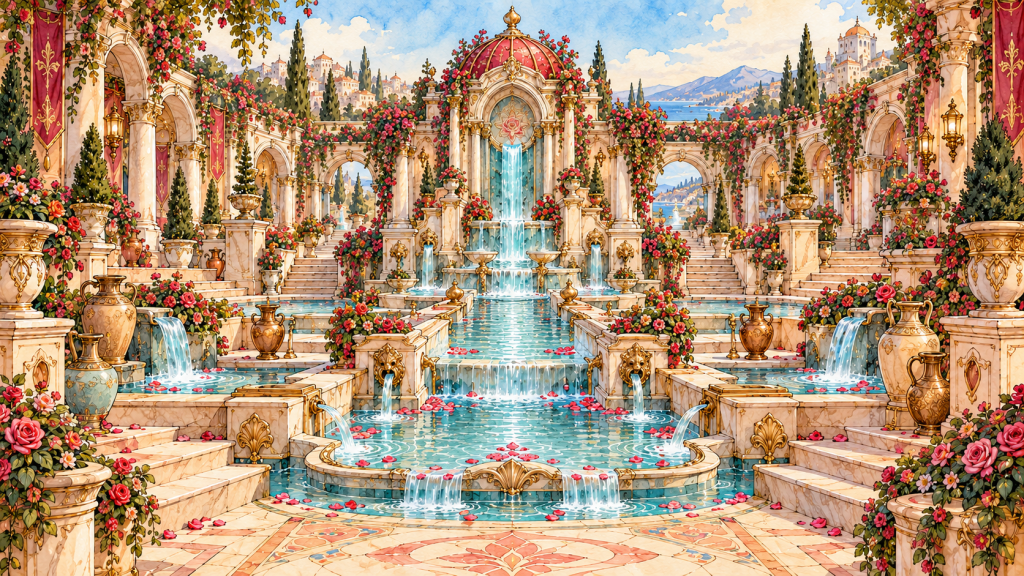 The Watershare Court, a fountain-filled court of flowing turquoise channels, ceremonial pitchers and pale stone terraces within the temple.