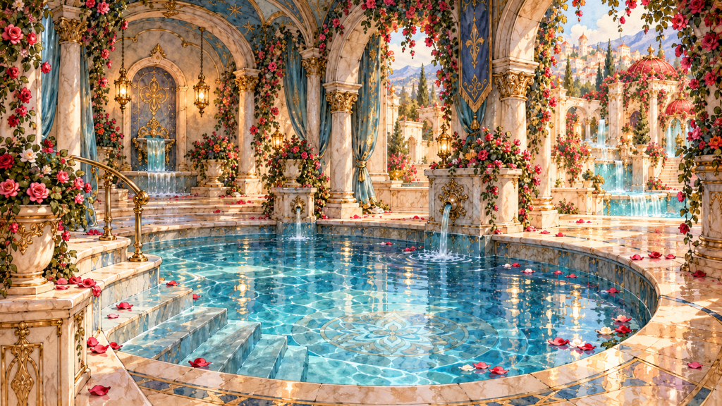 The Cool Plunge, a shaded blue-water bathing pool reached by broad submerged steps beneath a cool marble arcade.