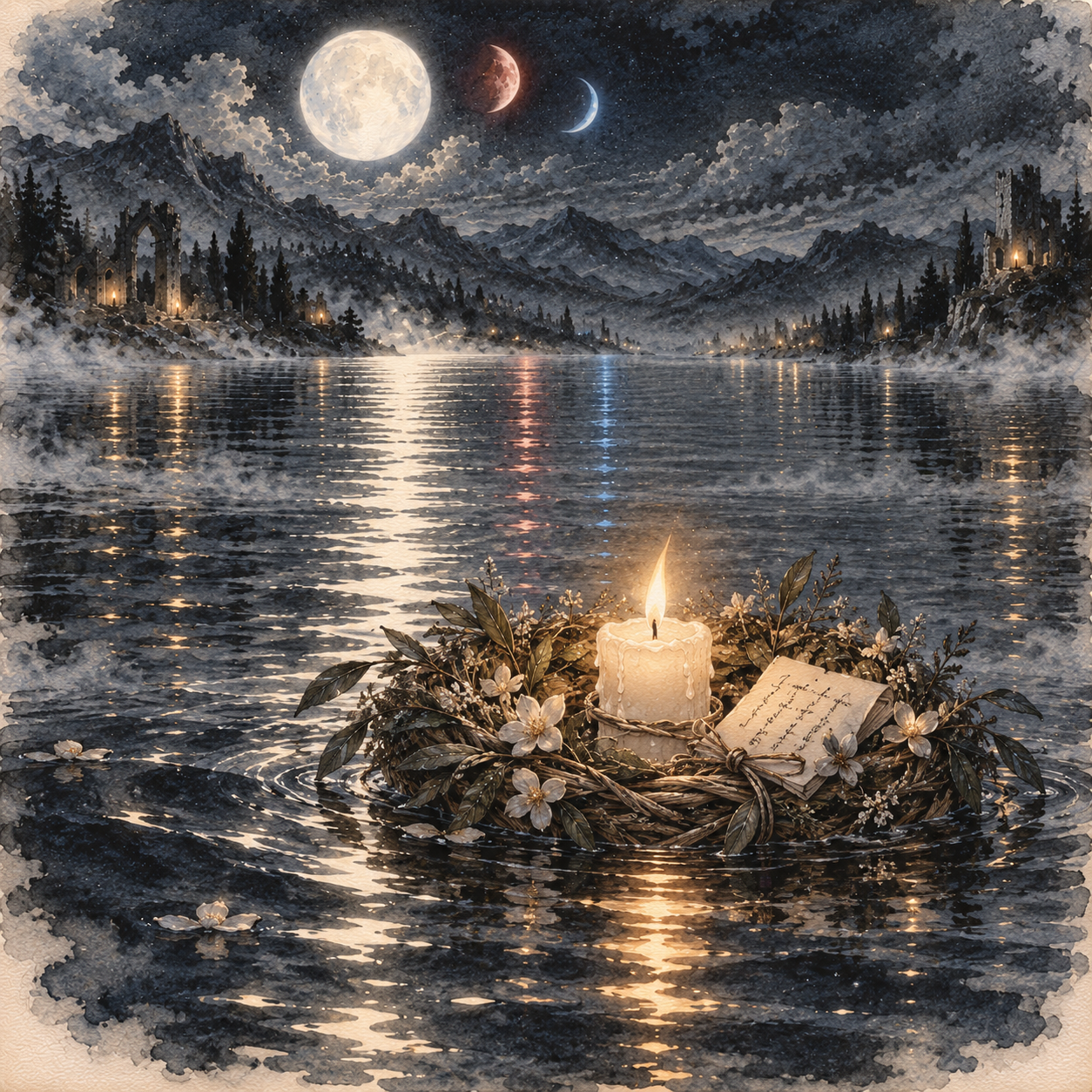 A lit candle on a small wreath raft carrying a folded written promise as it drifts across Stillwater at night.