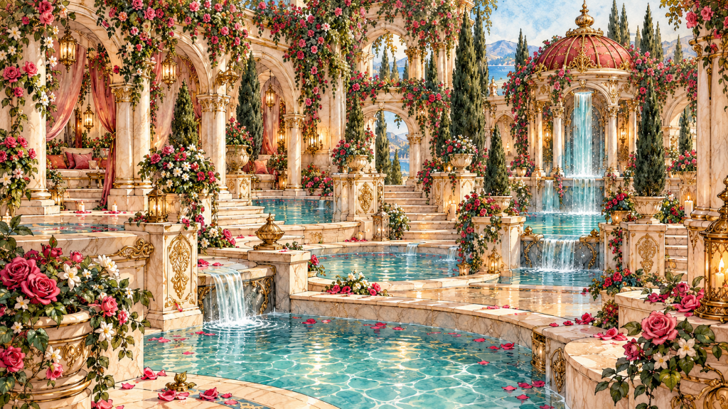 The Quiet Waters, a secluded tranquil pool beneath shaded marble arcades, hanging roses and softly glowing lanterns.