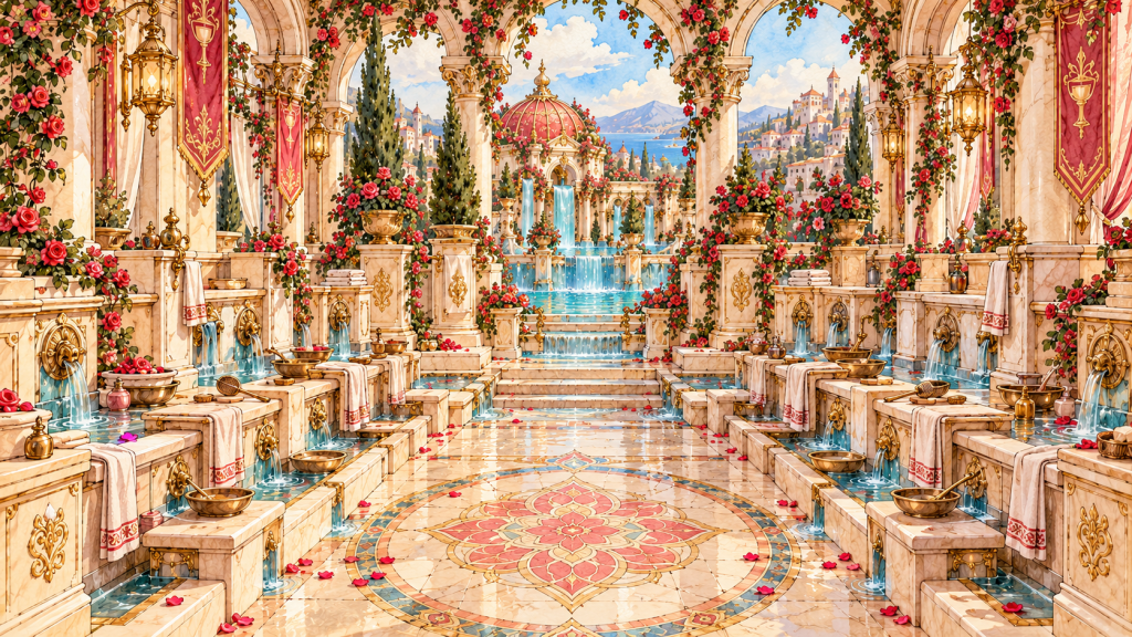 The Cleansing Court of the Rosewater Bathhouse, with marble washing benches, flowing water channels, basins, ladles and rose-covered colonnades.