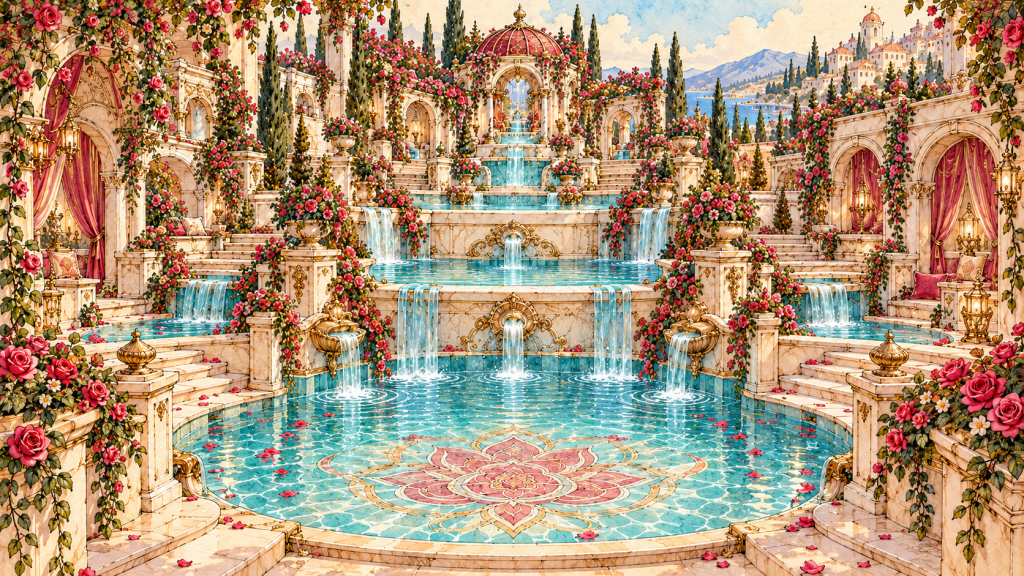 The Pools of Filling, a rising sequence of warm turquoise terrace pools connected by cascades, marble steps and rose-covered colonnades.