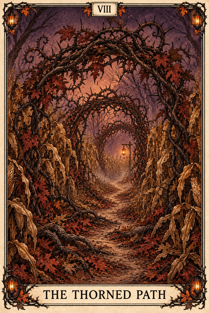 The thorned path through autumn shadows