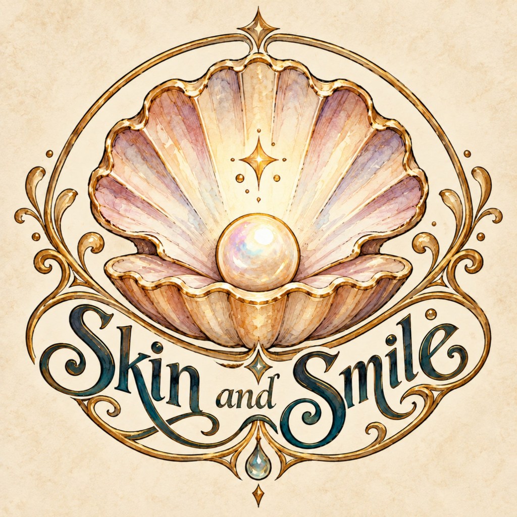 Skin & Smile shell-and-pearl shop emblem in gold, ivory, blush, and deep blue.