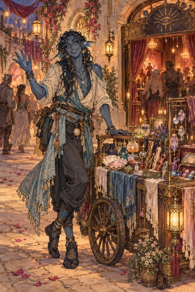 Oceanus, a navy-blue Tideborne vendor, smiling beside the Skin & Smile cart in Amarosa's Roseglass Ward.