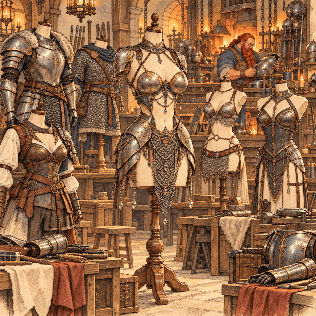 A display of practical armor, fitted mail and Redshank Masterwork apparel.
