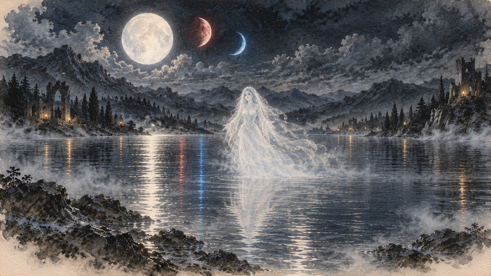A ghostly bride in white floating above the middle of Stillwater beneath Erosia’s three moons.